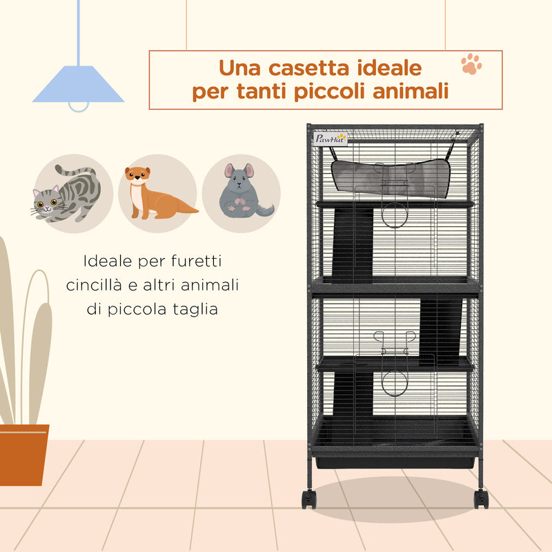 Gabbia per Porcellini d'India e Cincillà a 3 Piani 52x52x113,5 cm Vassoio Rimovibile in Acciaio Grigio      