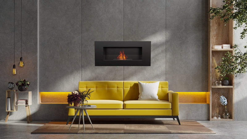 Camino a Bioetanolo da Parete 90x40 cm con Vetro o Senza Vetro Flig Huston 2 Nero