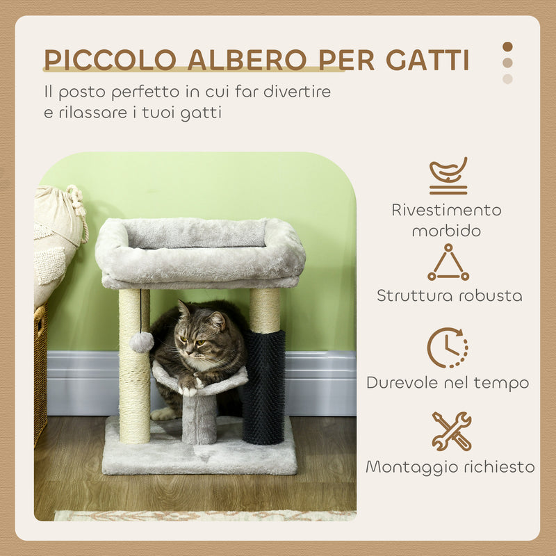 Albero Tiragraffi con Lettino in Peluche 40x40x48 cm con Spazzola e Palo in Sisal Grigio   