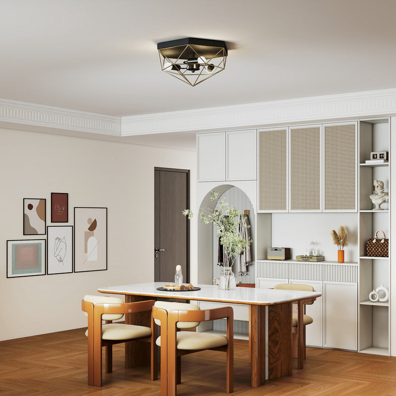 Lampadario Stile Industriale Geometrica con 3 Attacchi E27 per Lampadine LED in Metallo Nero e Oro      