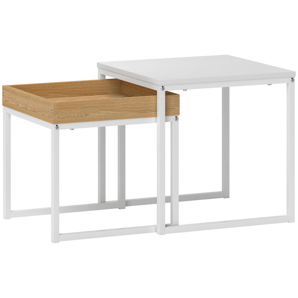 acquista Set di Tavolini da Caffè Impilabili Moderni 45x45x45 cm con Vassoio in MDF e Acciaio Bianco e Rovere