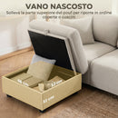Divano Angolare 3 Posti 235x80x85 cm con Contenitore Poggiapiedi Rimovibile e 2 Cuscini in Tessuto Effetto Lino Beige      