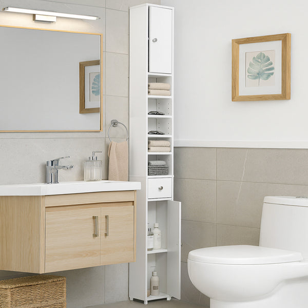 sconto Mobile Bagno a Colonna Slim 20x20x180 cm con 2 Ante 1 Cassetto 5 Ripiani in Legno Bianco