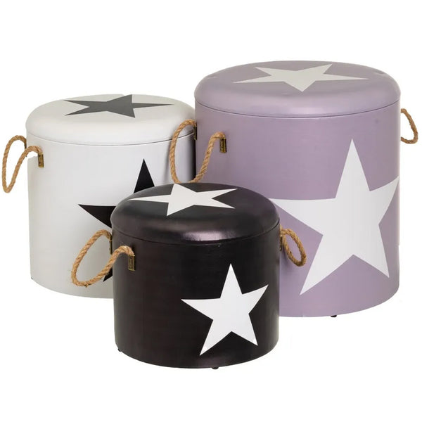 Set 3 Pouf Bauli Contenitori Star Poggiapiedi Capiente con Coperchio Rimovibile in Similpelle Nero Grigio Bianco acquista