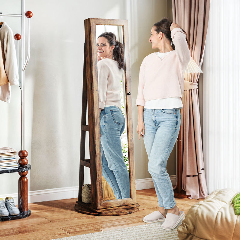 Specchio Portagioie 3 in 1 Girevole a 360° e Autoportante 55x55x161 cm in MDF Marrone Rustico  