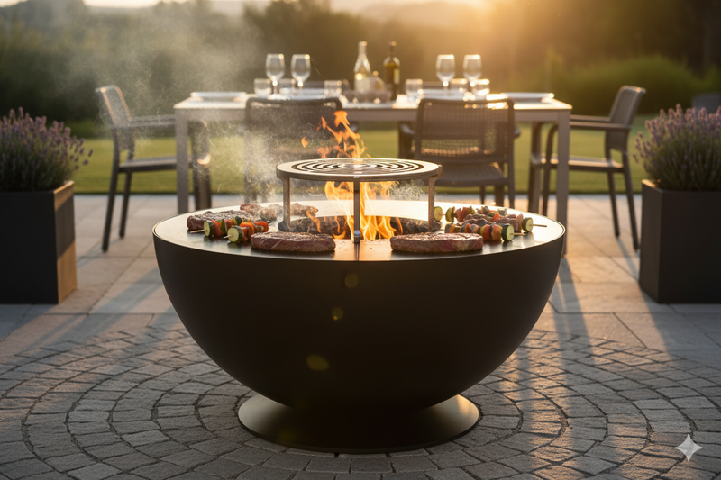 Barbecue a Legna Ø80x42 cm Tulipano in Acciaio Nero Alta Temperatura