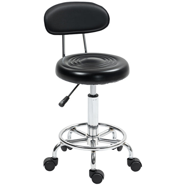 online Sgabello Regolabile Girevole a 360° con Schienale 32x40x70-86 cm Ruote e Poggiapiedi in Acciaio Finta pelle e Schiuma Nero