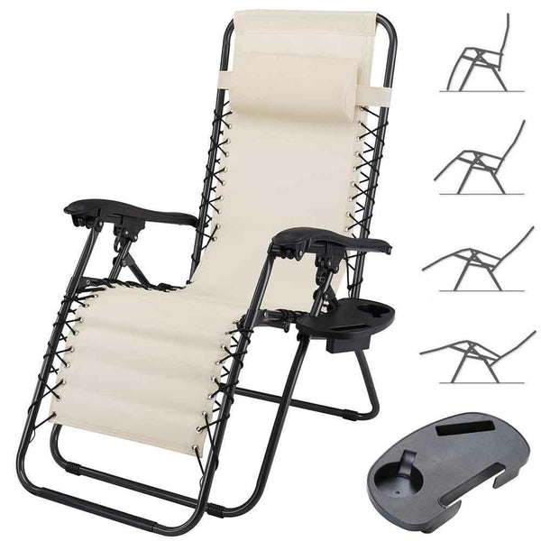 online Sedia Sdraio Lettino da Giardino a Gravità Zero Pieghevole con Vassoio in Acciaio e Texilene Beige