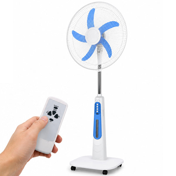 prezzo Ventilatore a Piantana Ricaricabile Ø45 cm con Telecomando e 4 Velocità 55W con Ruote Bianco e Blu
