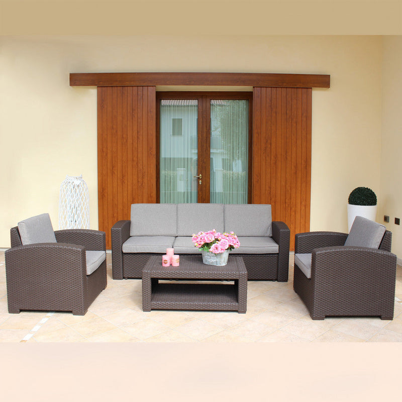 Set Salotto da Giardino Divano 2 Poltrone e Tavolino con Cuscini in Plastica Tortora