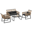 Set  4 Pezzi da Esterno Divano 2 Poltrone e Tavolino Top in Vetro in Rattan PE Nero  