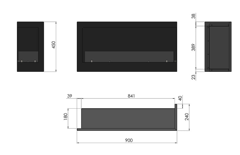Camino a Bioetanolo da Incasso 90x45 cm  Corner 900 Right Nero