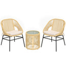 Set 3 Pezzi da Pranzo Bistrò con 2 Sedie Tavolo Rotondo con Piano in Vetro Temperato in Rattan e Acciaio Beige      
