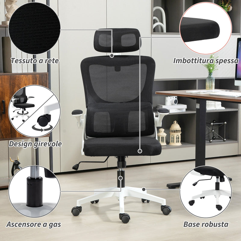 Sedia Ergonomica da Ufficio Girevole 60x59x114-122 cm con Poggiatesta Rimovibile in Tessuto a Rete Nero  