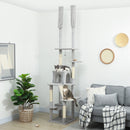 Albero Tiragraffi a Soffitto con Altezza Regolabile 225-255 cm con Casetta e Amaca in Peluche e Sisal Grigio Chiaro      