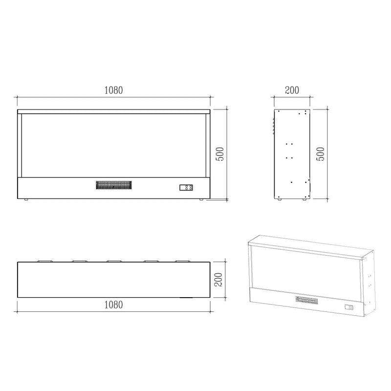 Camino Elettrico da Incasso Effetto Fiamma 108x20x50,7 cm 1500W Sined Ispica 108 Nero
