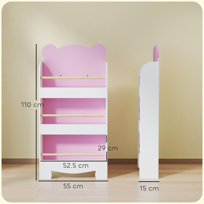 Libreria per Bambini 55x15x110 cm a Forma di Orsetto a 3 Ripiani con Barriere Frontali in MDF e Legno Rosa  