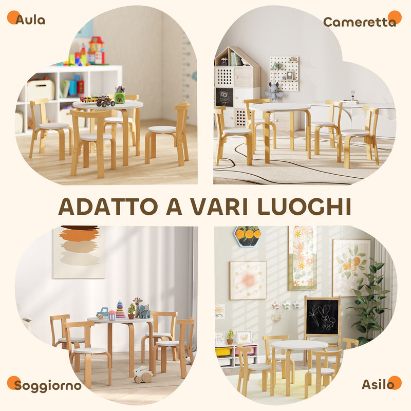 Set Tavolo e 4 Sedie per Bambini 3-8 Anni 5 pz con Bordi Arrotondati in Legno Bianco      
