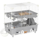 Gabbia per Criceti a 2 Livelli 44,5x28x44 cm 3 Porte Ruota e Tubi in Acciaio Grigio e Bianco  