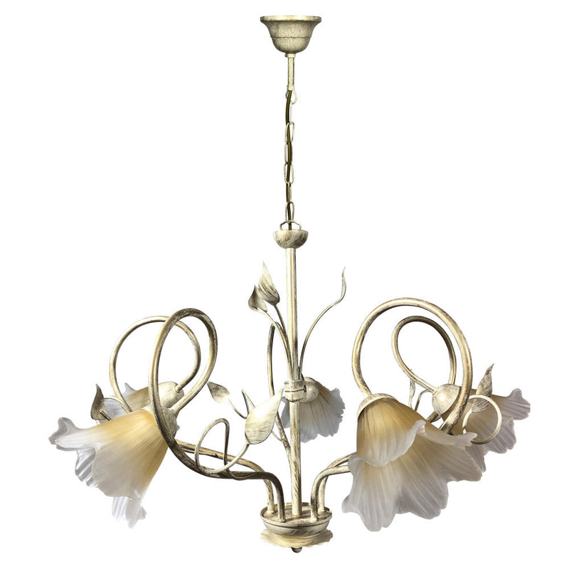 Lampadario 5xE14 Montatura Avorio Oro Vetro Satinato Sfumato Ambra E-Energy Melania