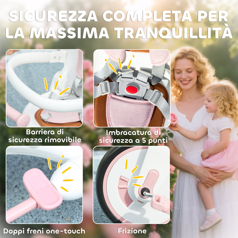 Triciclo per Bambini 5 in 1 96,5x49x101 cm con Maniglione e Cinture di Sicurezza Rosa   