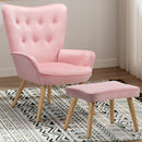 Poltrona Stile Scandinavo con Schienale Alto e Poggiapiedi In Velluto e Gambe in Legno Rosa  