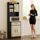 Mobile Alto Cucina Credenza Moderna 60x40x180 cm con Mensola e Foro Passacavi Rivestimento in Melamina Nero e Color Legno