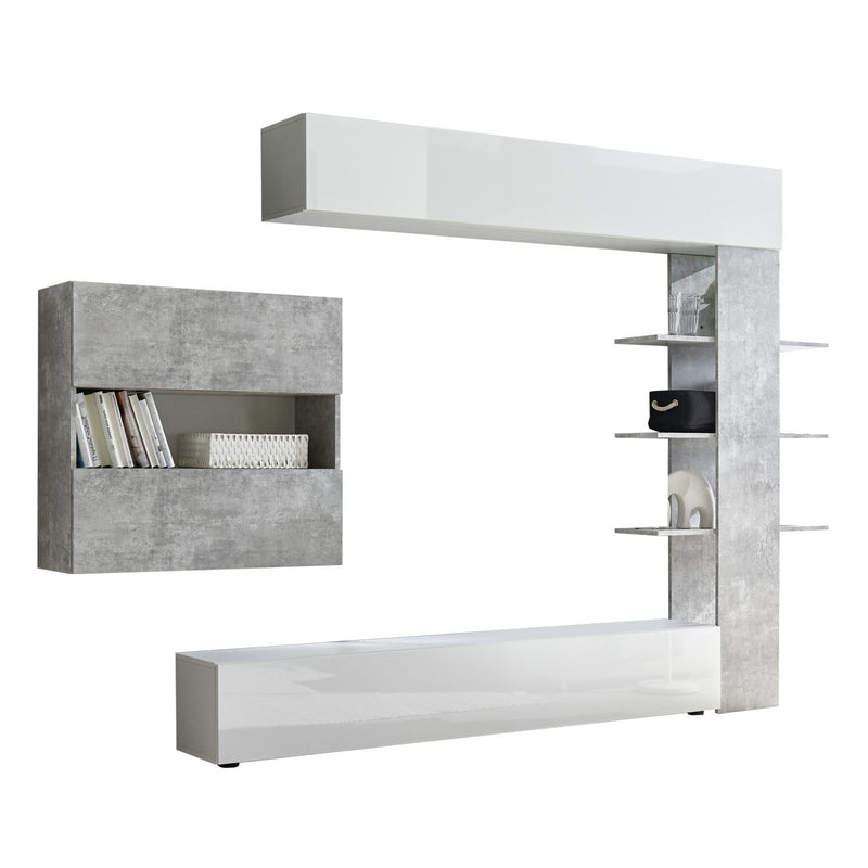 Parete Attrezzata Mobili Soggiorno Mobile TV Libreria 2 Pensili TFT Akira 1 Bianco e Cemento