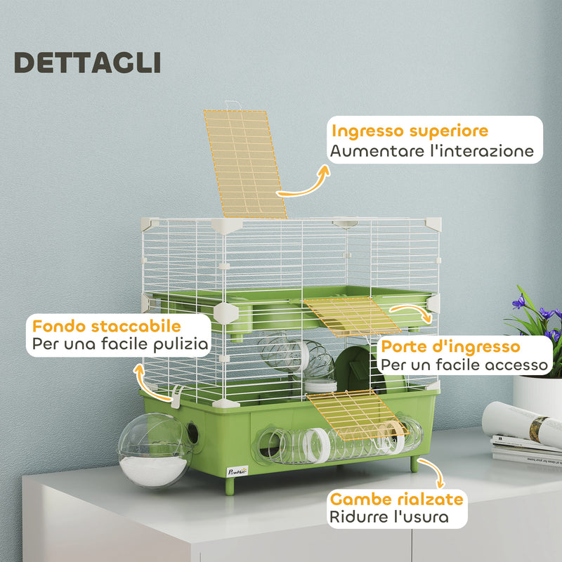 Gabbia per Criceti a 2 Livelli 44,5x28x44 cm 3 Porte con Ruota e Tubi Verde e Bianco   