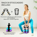 Set 6 Manubri Pesi (2x1 kg, 2x2 kg, 2x3 kg) da 12 kg con Supporto/Kettlebell, in Metallo e PP Rosa, Azzurro e Viola      