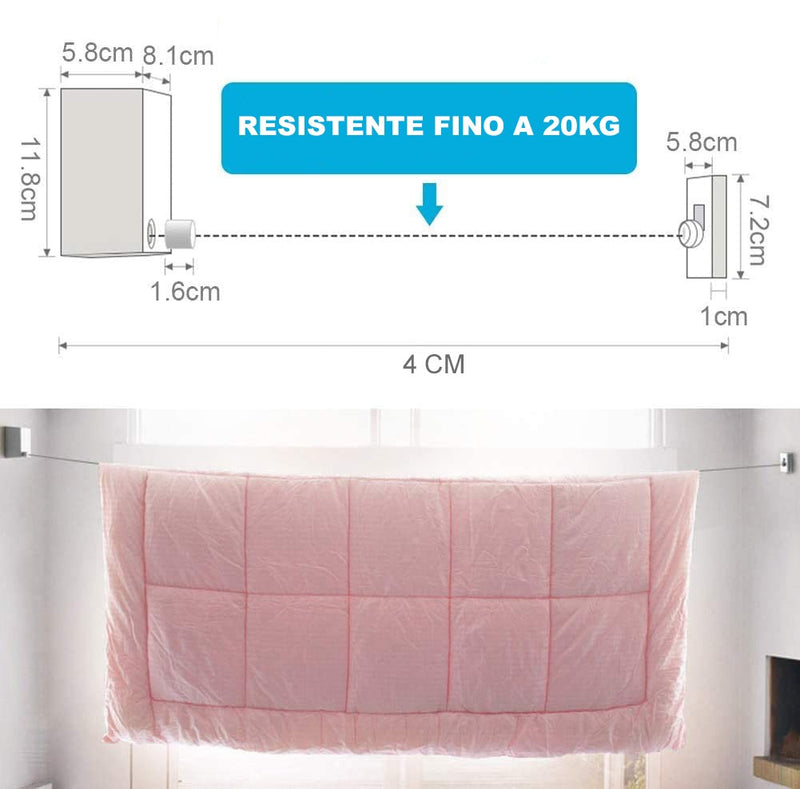 Corda stendibiancheria estendibile fino a 4m in acciaio inossidabile