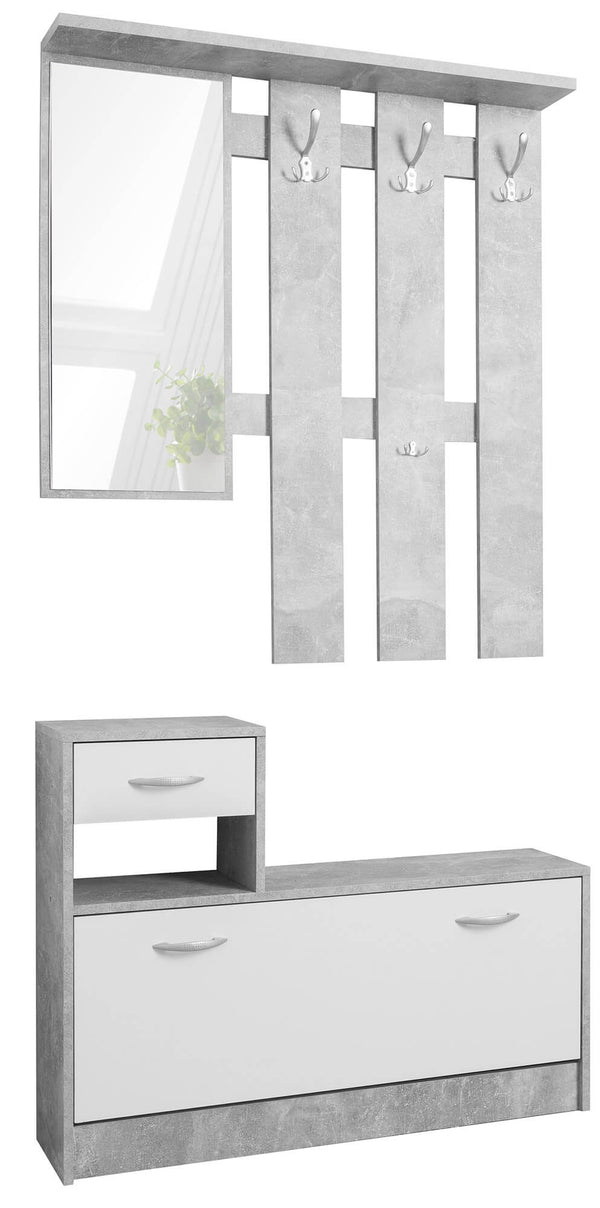 Flurgarderobe mit Spiegel und Schuhablage in Alfred Cemento und weißer Spanplatte sconto