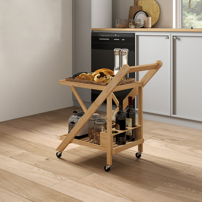 Carrello da Cucina Portavivande Pieghevole 66x40x70 cm a 2 Livelli con Portabottiglie in Legno di Bambù   