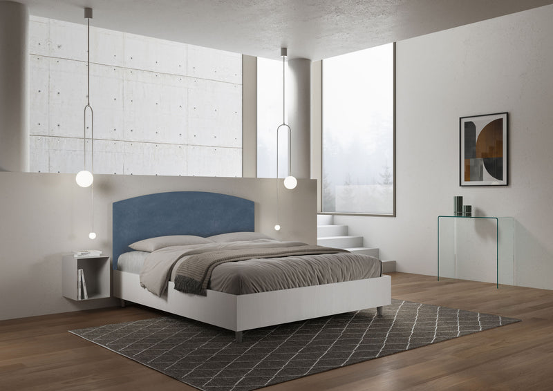 Letto Matrimoniale con Rete e Contenitore Alzata Comoda Struttura Bianco Frassico e Testata in Microfibra Antilia Blu Varie Misure