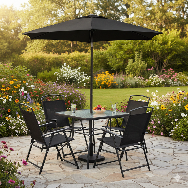 Set da Pranzo 6 Pezzi per Giardino Patio Tavolo Piano in Vetro con Ombrellone e 4 Sedie Pieghevoli Nero