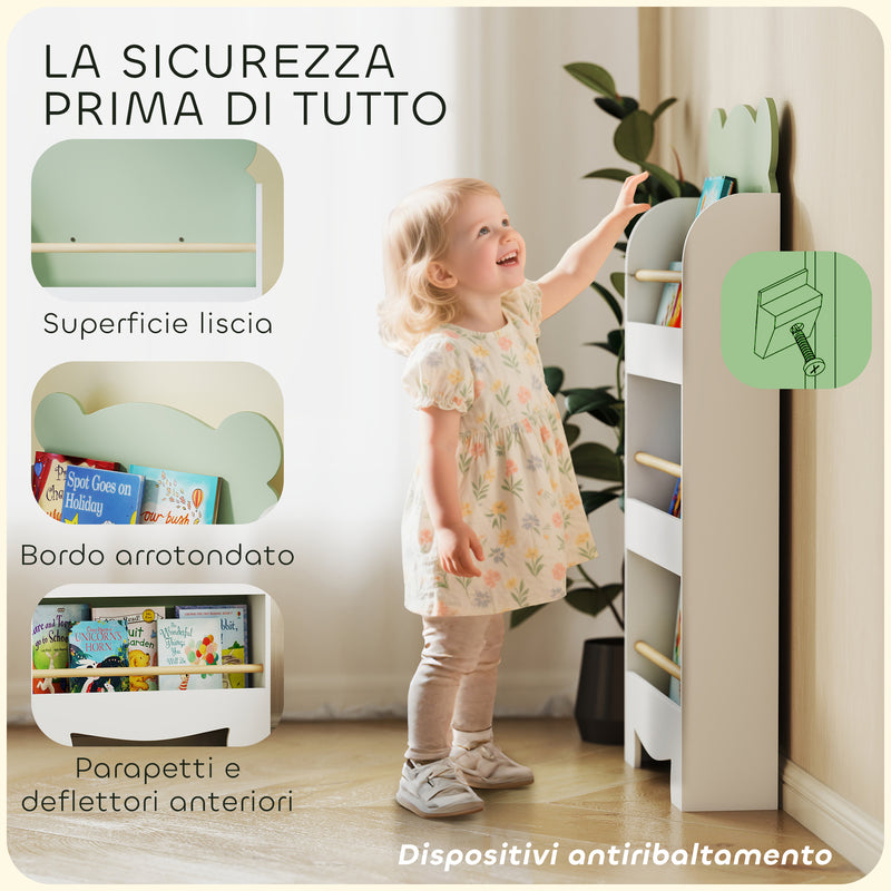 Libreria per Bambini 55x15x110 cm a Forma di Orsetto a 3 Ripiani con Barriere Frontali in MDF e Legno Verde  