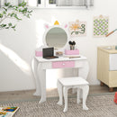 Set Toeletta Trucco Bambina 55x34x87 cm con Sgabello Specchio in Acrilico 2 Scatole Portaoggetti Design Unicorno in MDF Rosa      
