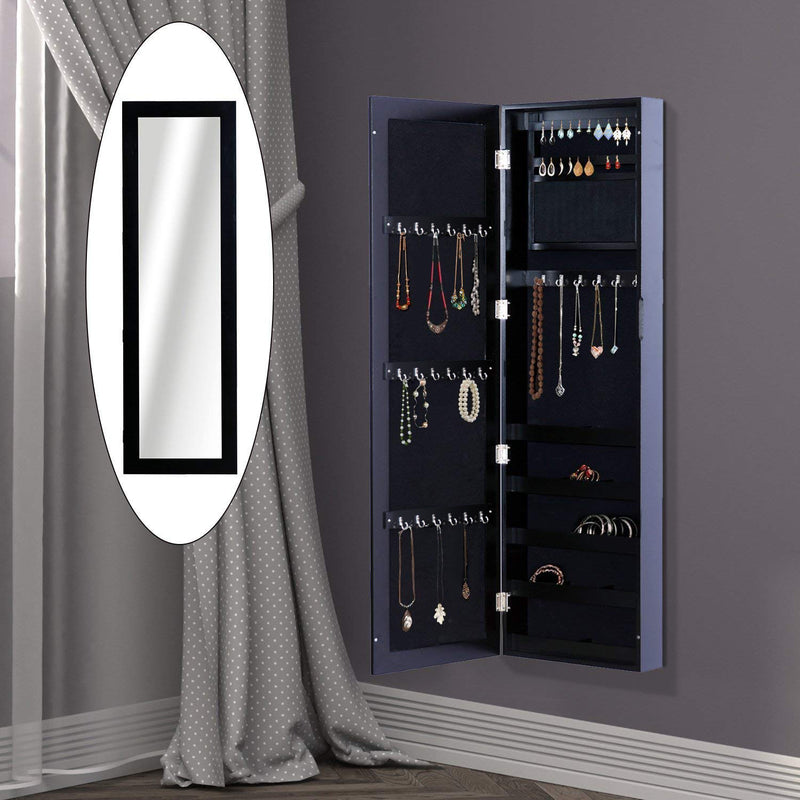 Armadio Portagioielli da Parete con Specchio in Legno MDF Nero 37x9.5x121 cm 