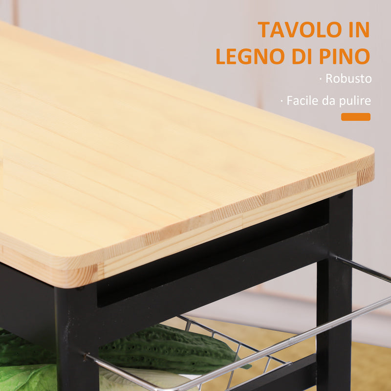 Carrello da Cucina con Cassetti e Portabottiglie Legno e Nero