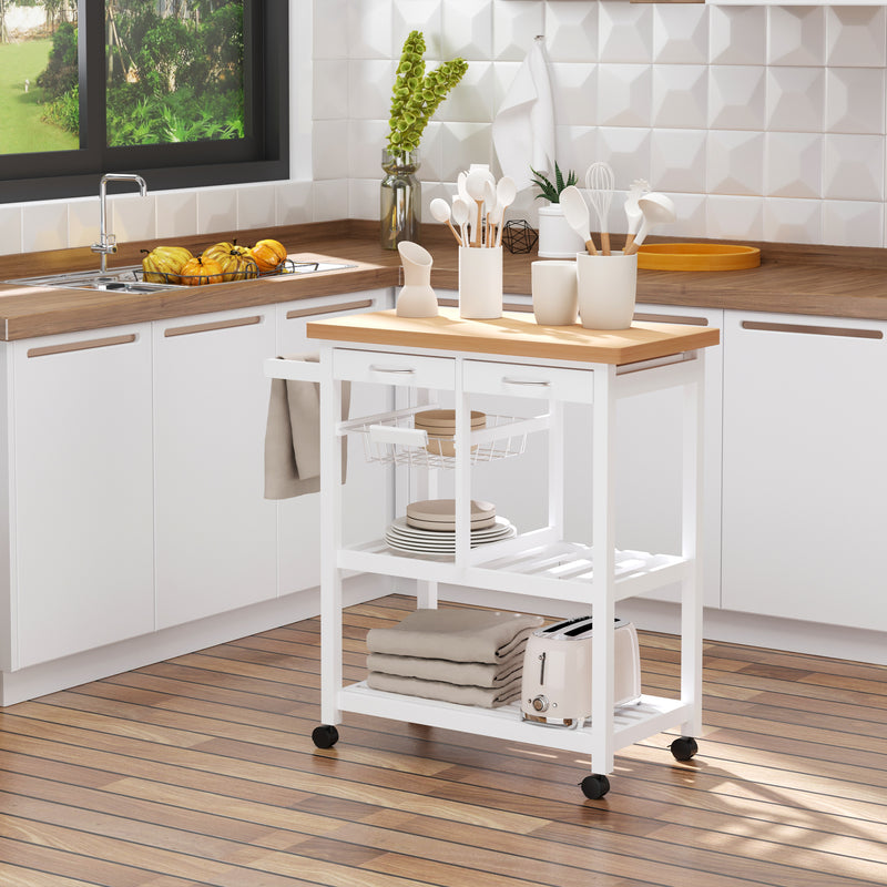 Carrello da Cucina in Legno con 2 Ripiani e Cassetti Bianco 84,5x37,2x85 cm