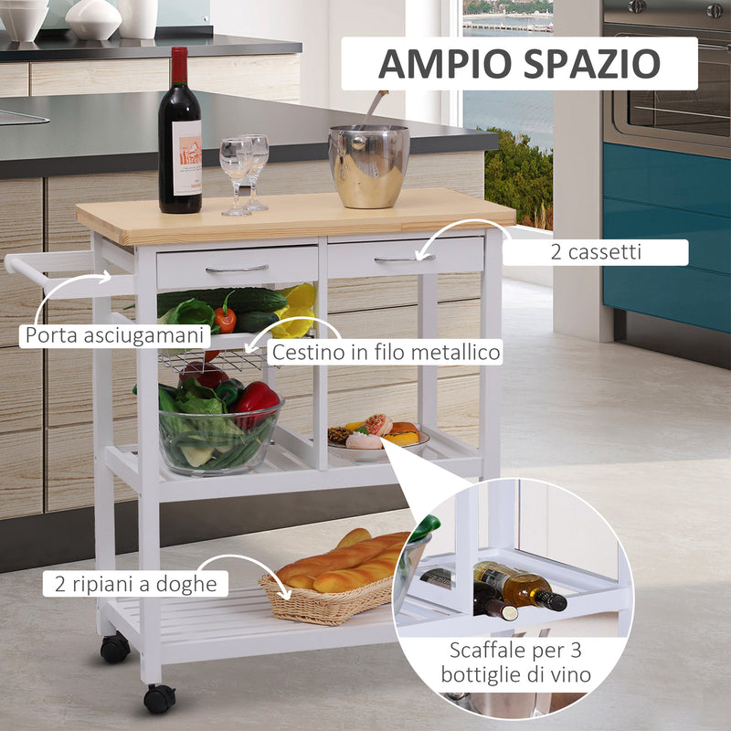 Carrello da Cucina in Legno con 2 Ripiani e Cassetti Bianco 84,5x37,2x85 cm