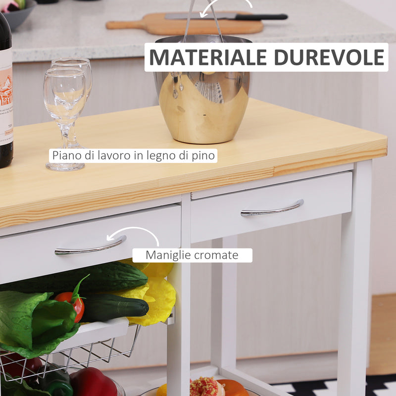 Carrello da Cucina in Legno con 2 Ripiani e Cassetti Bianco 84,5x37,2x85 cm