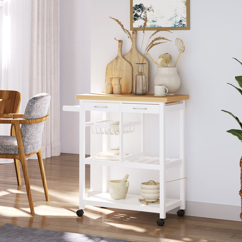 Carrello da Cucina in Legno con 2 Ripiani e Cassetti Bianco 84,5x37,2x85 cm