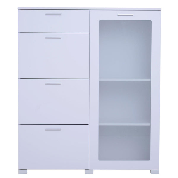 sconto Kommode 4 Schubladen 3 Regale aus Holz und weißem gehärtetem Glas 100 x 40 x 116,5 cm