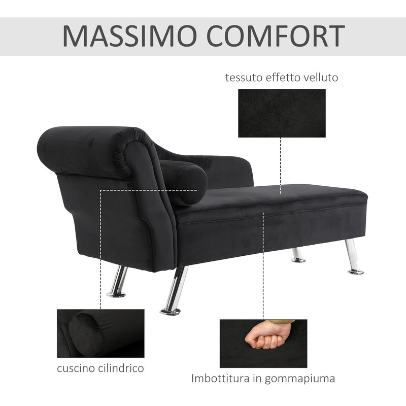 Divano Chaise Longue con Cuscino Rotondo in Flanella Nero 160x56x75 cm 