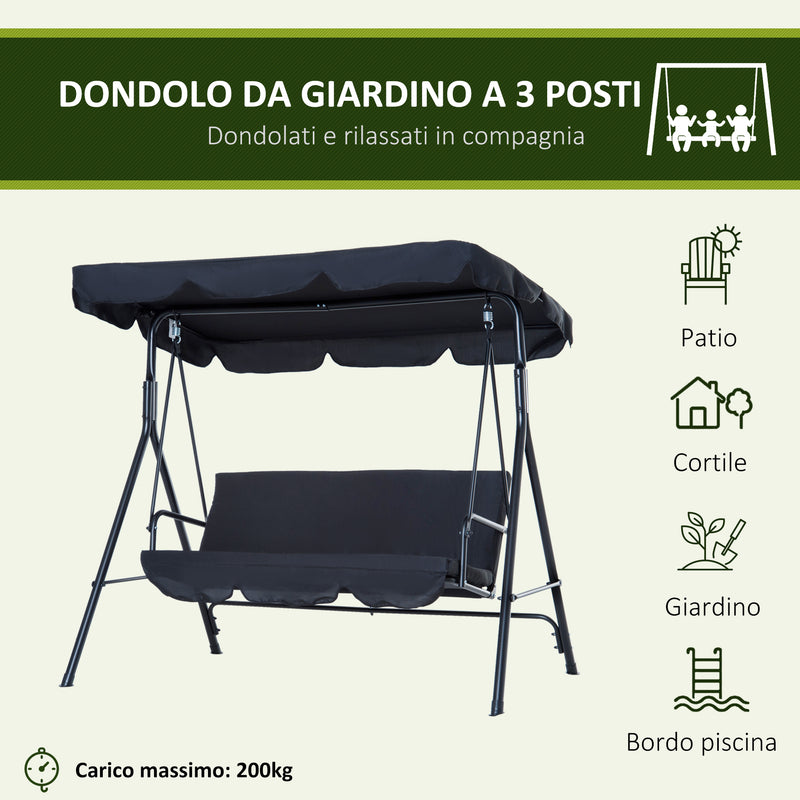 Dondolo da Giardino a 3 Posti con Tettuccio Parasole Inclinabile in Acciaio Nero 