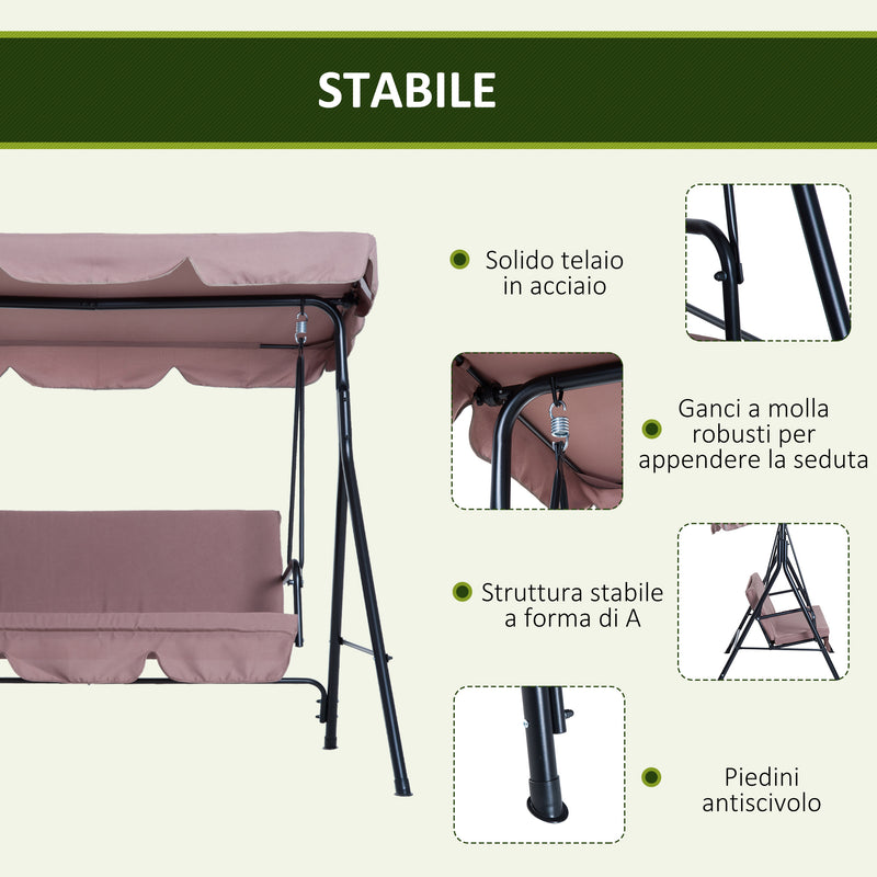 Dondolo da Giardino 3 Posti con Tettuccio Parasole Inclinabile in Acciaio Marrone 