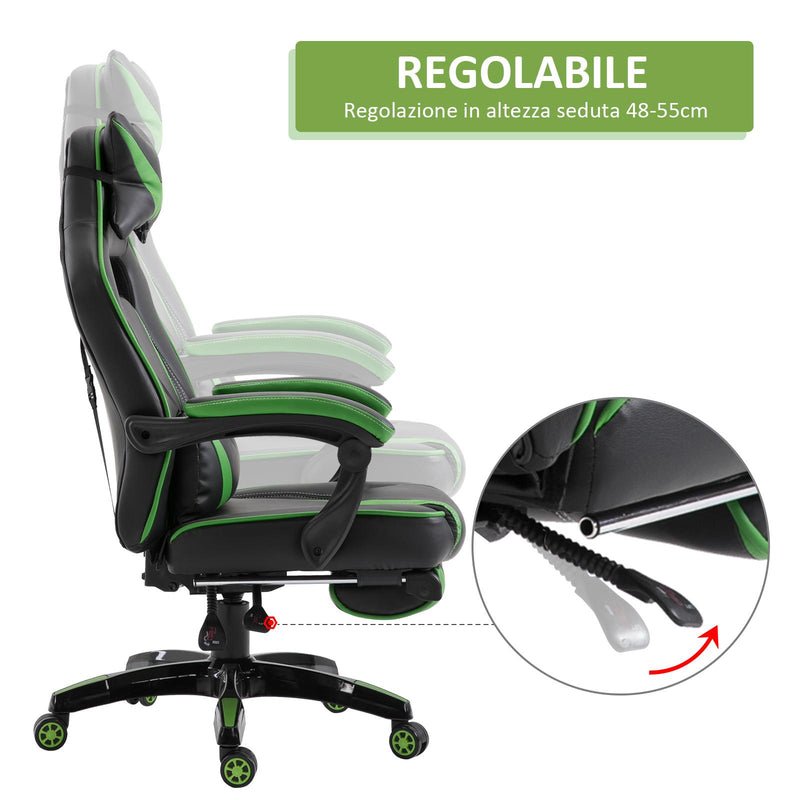 Sedia da Gaming con Rotelle in Similpelle Nero e Verde 