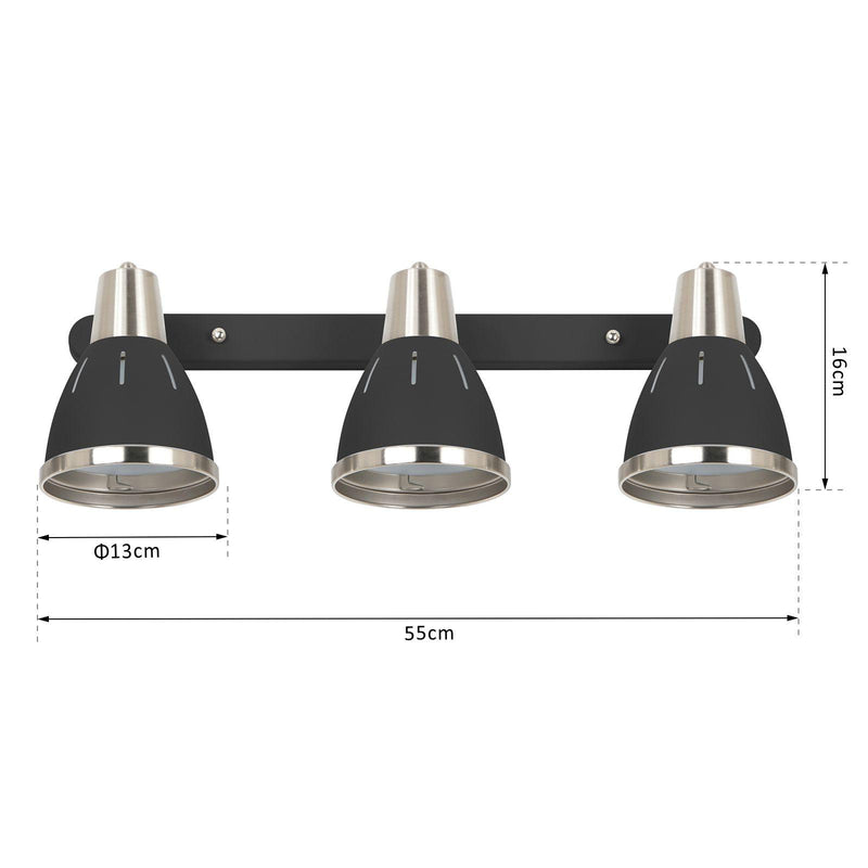 Plafoniera con 3 Faretti LED da Soffitto Orientabili in Metallo Cromato Nero Ø13x16x55 cm 