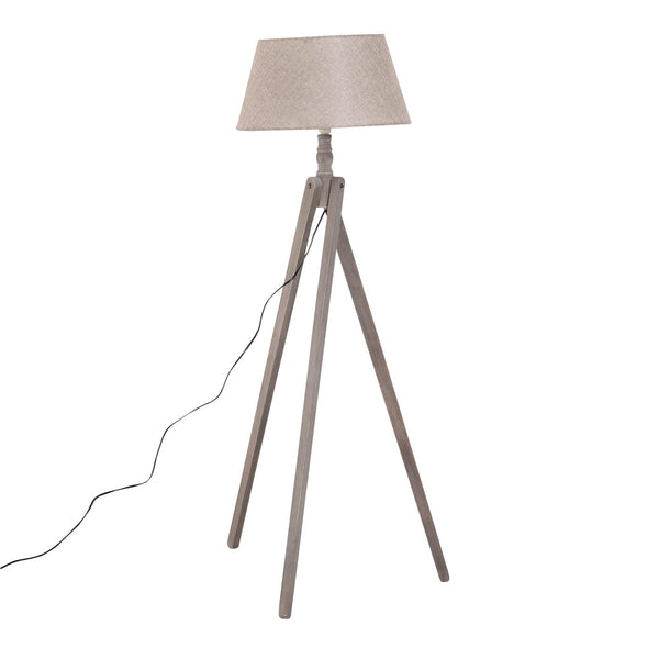 Dreibein-Stehlampe aus Holz mit beigem Leinenschirm 146 cm sconto